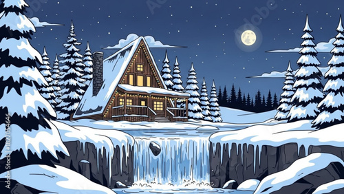 Cozy winter cabin retreat nestled in snowy forest, illuminated by moonlight, perfect for holiday cards, Christmas themes, and seasonal designs