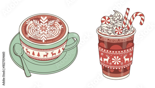Two festive holiday beverages, one a decorated coffee cup, the other a whipped cream-topped drink.