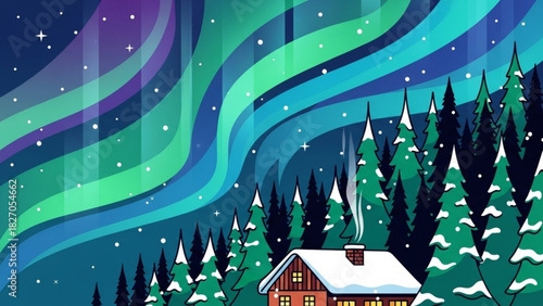Enchanting northern lights dance above cozy winter cabin nestled in snowy pines, casting a magical glow, perfect for holiday greetings and winter wonderlands