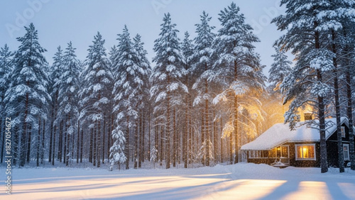 Enchanting winter scene of cozy cabin nestled in snowy woods, sunlight glowing, perfect for holiday cards, travel brochures, and seasonal campaigns