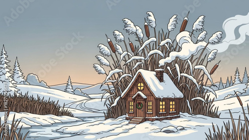 Cozy cabin nestled in snowy winter landscape, smoke rising from chimney, inviting warm escape, rustic charm, peaceful scene, idyllic winter getaway illustration