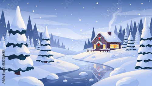 Charming winter scene with snow-covered cottage, twinkling lights, and peaceful river, perfect for holiday greetings and cozy winter promotions