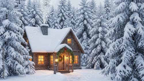 Enchanting winter cabin nestled in snow-covered pines, inviting warmth and holiday cheer, perfect for Christmas cards and seasonal designs