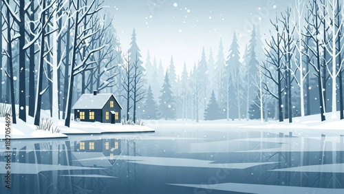 Cozy winter cabin nestled in snowy forest scenery, a peaceful retreat for holidays or a Christmas card design, originally a scalable vector graphic