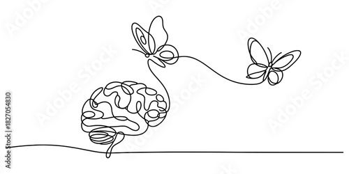 Mind and butterflies continuous line art Vector, illustration