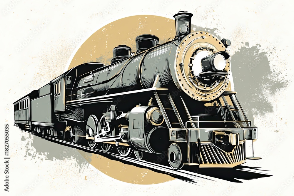 Fototapeta premium Vintage steam locomotive illustration in retro engraving style, showcasing intricate details and textures, capturing the essence of classic train travel and nostalgia