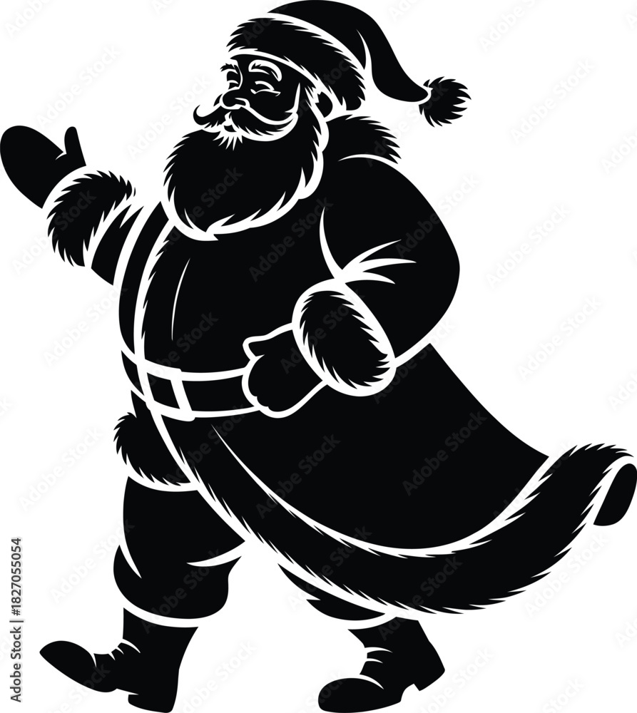 custom made wallpaper toronto digitalSanta claus walking and waving with a cheerful expression, black silhouette with white outline, christmas holiday season illustration