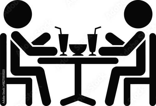 Two stick figures seated at a table enjoying drinks and a meal, representing social interaction, dining, or a casual meeting between people