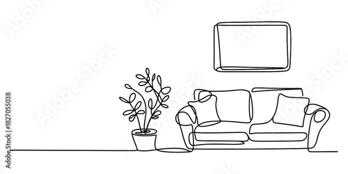 Continuous line sofa and plant Vector, illustration