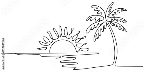 Continuous line tropical sunset with palm tree Vector, illustration
