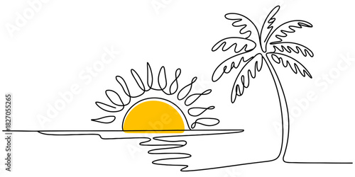 Continuous line tropical sunset with palm tree Vector, illustration