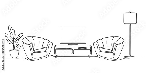 Living room interior one line drawing Vector, illustration