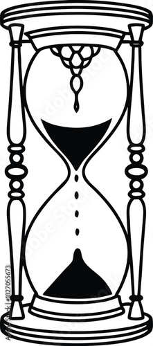 Black and white line art illustration of a vintage hourglass with sand flowing