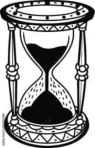 A black and white illustration of an hourglass with sand flowing, symbolizing time passing