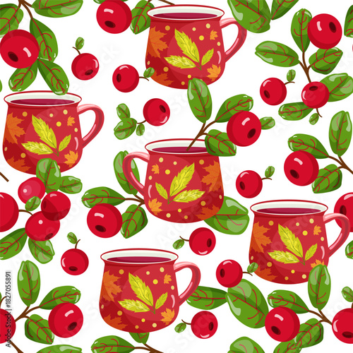 Seamless pattern with a red mug and cranberries isolated on white background. Suitable for textile design, wallpaper, and wrapping paper