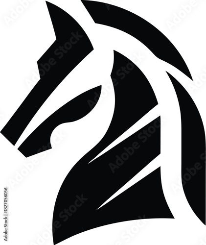 Black horse head silhouette resembling a chess knight piece, elegant and strong
