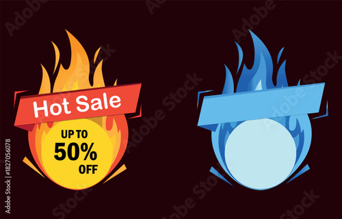 Hot Sale Flame Labels with Discount Offer and Cool Blue Fire Promo Tag Design