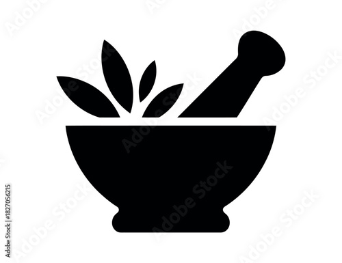 A mortar and pestle with leaves represents herbal medicine and science.