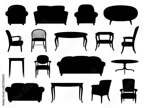 A collection of furniture silhouettes for interior design.