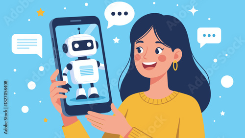 Chatbot Interaction Smiling Woman with Smartphone Displaying AI Chatbot on Blue Background