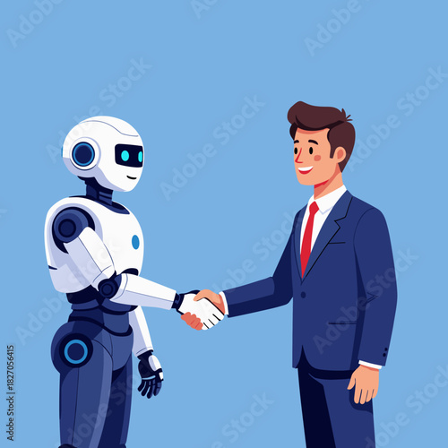 Business Collaboration Human and AI Robot Handshake, Illustrating Partnership & Technology