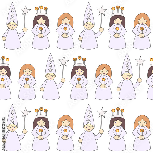 Seamless pattern with Saint Lucy procession - hand drawn vector illustration.