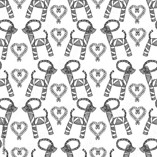 Seamless pattern with straw Yule goats - hand drawn black and white vector illustration.