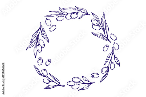 Vector doodle sketch olives wreath for Mediterranean or vegan diet. Olive twigs, berries round frame. Food, natural organic cosmetics illustration for invitations, labels, packaging, emblem, sticker. 