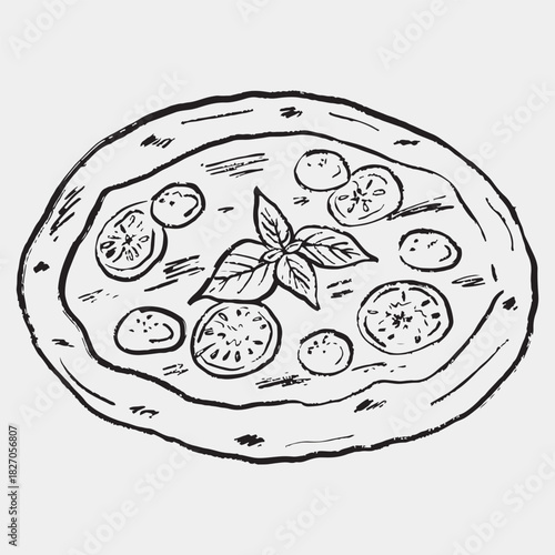 Hand drawn pizza with tomato slices and basil leaves. Classic Italian cuisine in rustic style. Culinary, Mediterranean food, cozy kitchen. Vector sketch illustration in vintage crayon charcoal style