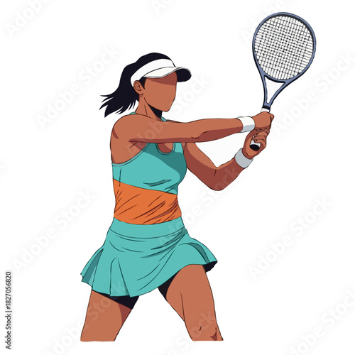 Female Tennis Player Swinging Racket – Vector Illustration