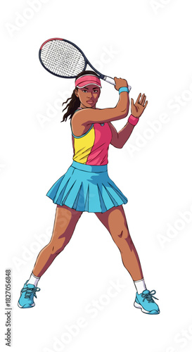 Female Tennis Player Swinging Racket – Vector Illustration