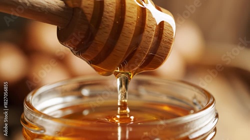 Golden Honey Dripping from Wooden Dipper into Glass Jar.
