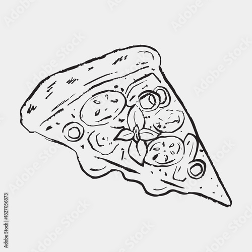 Hand drawn pizza slice with cheese, tomato slices, onion rings, basil leaf. Italian food, cafe, kitchen. Mediterranean cuisine. Vector sketch illustration in vintage crayon charcoal style
