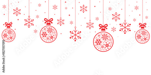 Elegant Christmas header or banner border featuring hanging red/bronze baubles and snowflakes. The ornaments are intricately patterned with snowflakes, isolated on a white background, leaving a lar