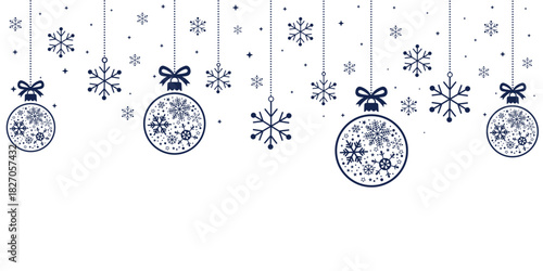 Elegant Christmas header or banner border featuring hanging dark blue/bronze baubles and snowflakes. The ornaments are intricately patterned with snowflakes.