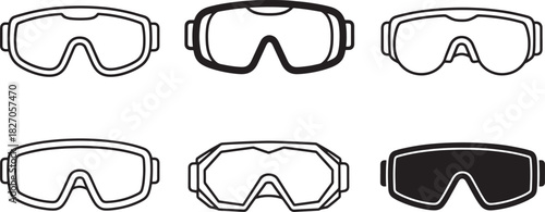 Collection of outline and solid safety goggle and ski mask icons, representing eye protection for winter sports, construction, and laboratory work Vector
