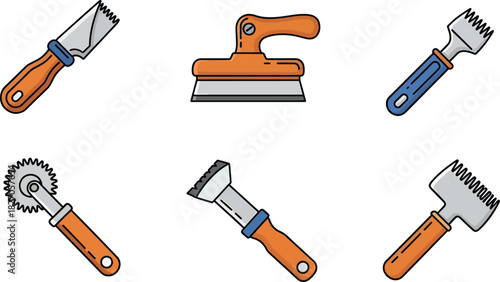 Collection of cartoon-style tiling and surface preparation tools, including trowels, floats, and scarifiers, on a white background Vector
