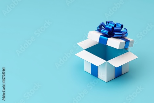 Open Gift Box with Blue Ribbon on Teal Background