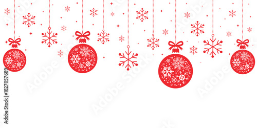 Elegant Christmas header or banner border featuring hanging red/bronze baubles and snowflakes. The ornaments are intricately patterned with snowflakes, isolated