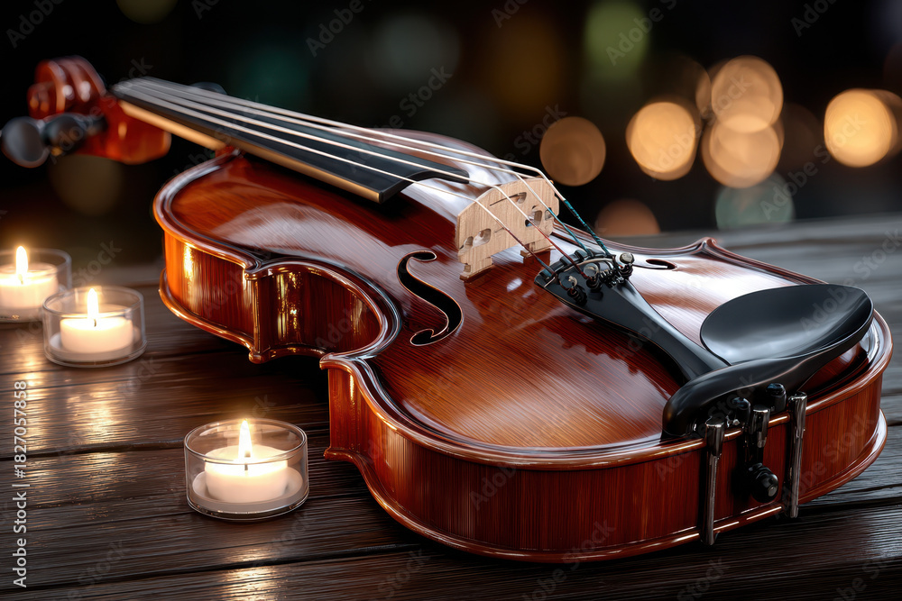 Fototapeta premium Melodic violin resting on a wooden table with candles glowing softly in the background