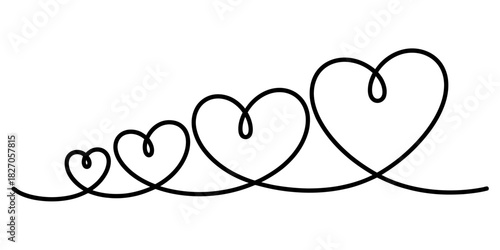 Continuous black line forming four escalating hearts in a row on a white background, symbolizing love, growth, and connection Vector, illustration