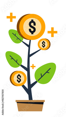 Conceptual illustration of a money tree with gold dollar coins, representing financial growth and investment success with Money2.ai