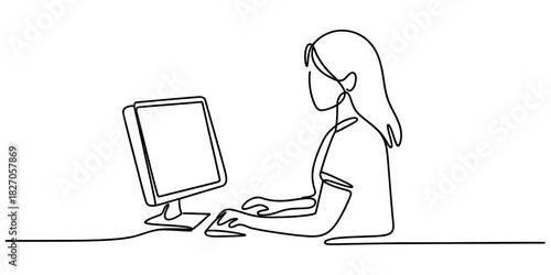 Continuous line drawing of a woman sitting and working at a desktop computer with a keyboard, depicting modern digital work and technology. Vector, illustration