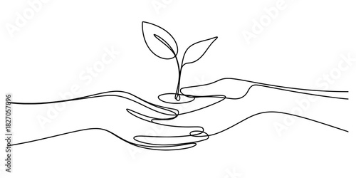 Continuous line drawing of human hands gently cradling a young plant sprout, symbolizing growth, care, nature, and new beginnings. Vector, illustration