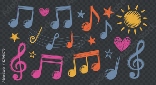 Colorful Hand Drawn Music Notes with Hearts and Stars on Transparent