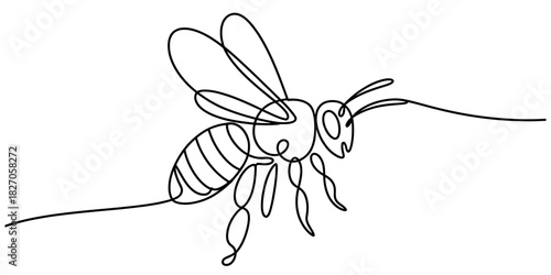 Continuous one line drawing of a flying bee insect in a minimalist art style, simple single stroke graphic design, vector illustration Vector, illustration