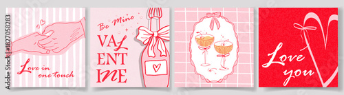 A set of Valentines Day cards. Modern design in a trendy retro hand-drawn doodle style champagne bottles, glasses, whimsical bows, hearts. Soft pink tones in banner, poster, cover, templates
