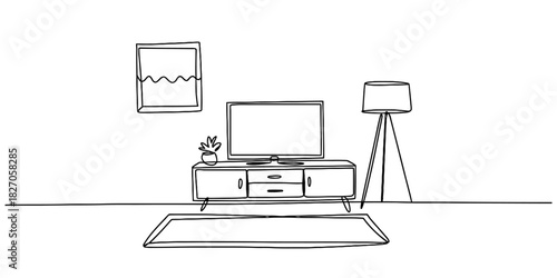 Minimalist living room line art illustration of a modern home interior featuring television, media console, tripod lamp, and wall art Vector, illustration