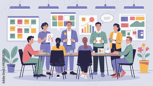 Diverse team of professionals collaborating and presenting ideas in a modern office meeting room