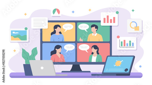 Diverse group of people communicating on a video conference call with charts and data visualizations